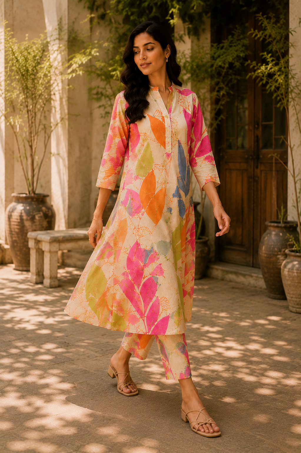 Elegant Floral Printed Roman Silk Kurta Pant Set for Women – Multicolor