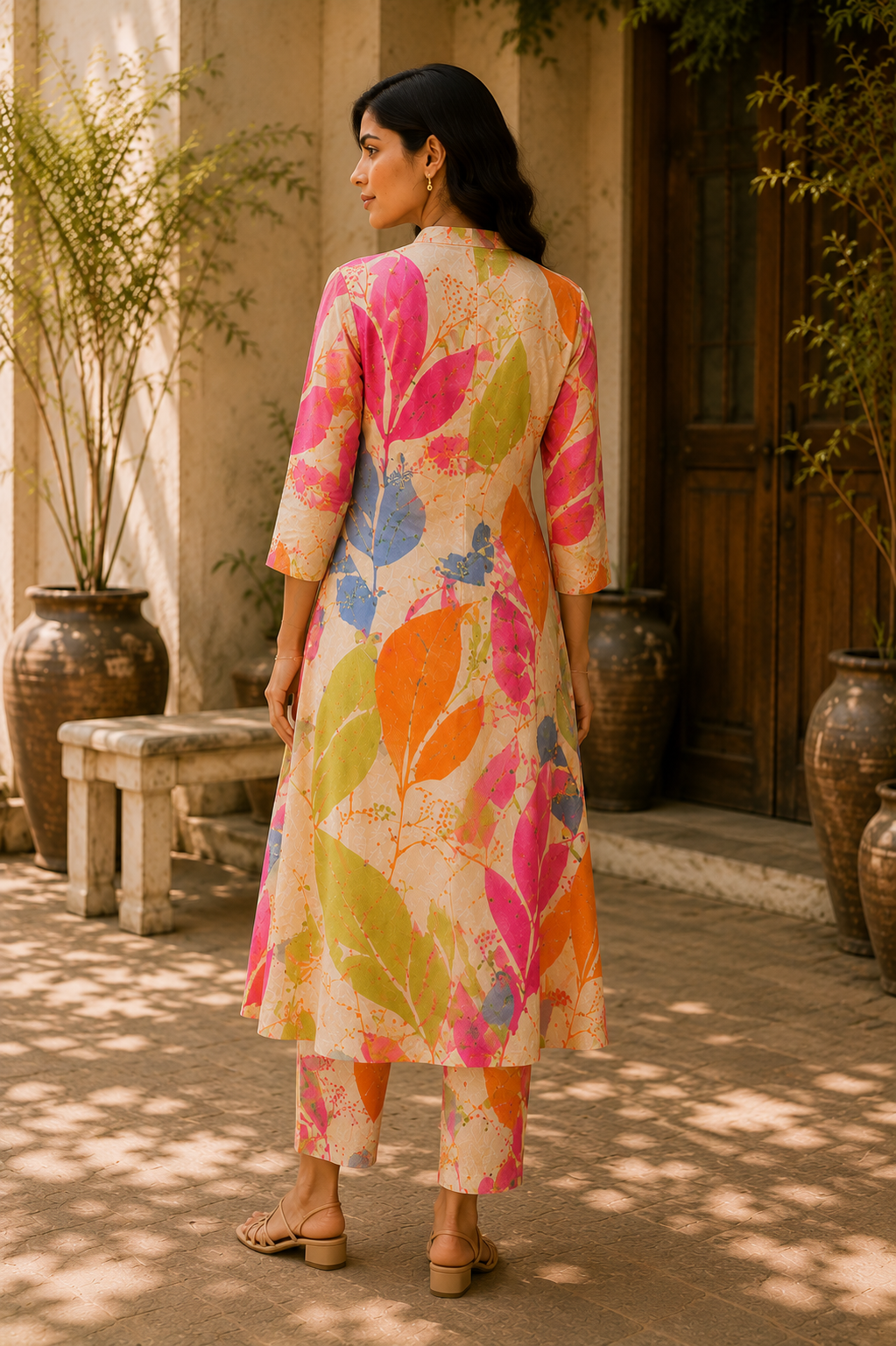 Elegant Floral Printed Roman Silk Kurta Pant Set for Women – Multicolor