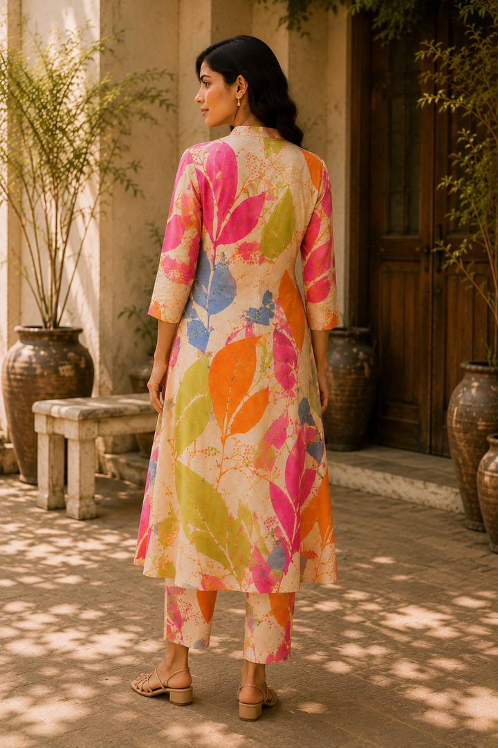 Elegant Floral Printed Roman Silk Kurta Pant Set for Women – Multicolor