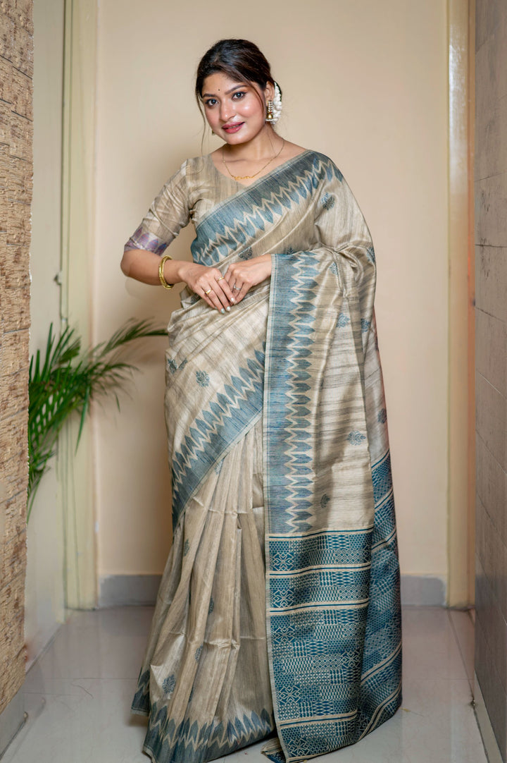 PREMIUM DESI TRADITIONAL WEAVING PATTERN AND EXCLUSIVE TEMPLE WOVEN PATTERN TUSSAR SILK SAREE