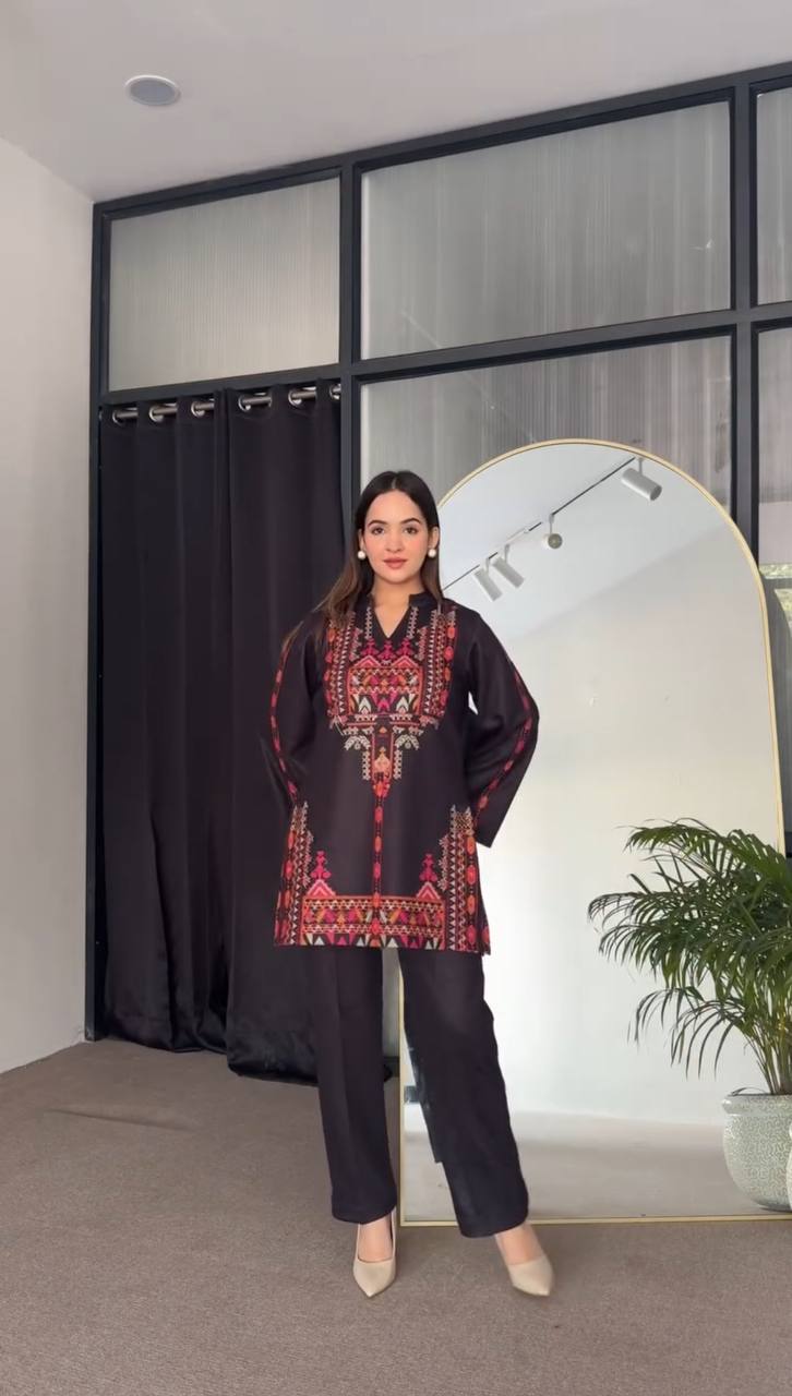 "Front view of the stylish Summer Season Special Crepe Silk Co-Ord Set with a printed shirt and free-size pants."

