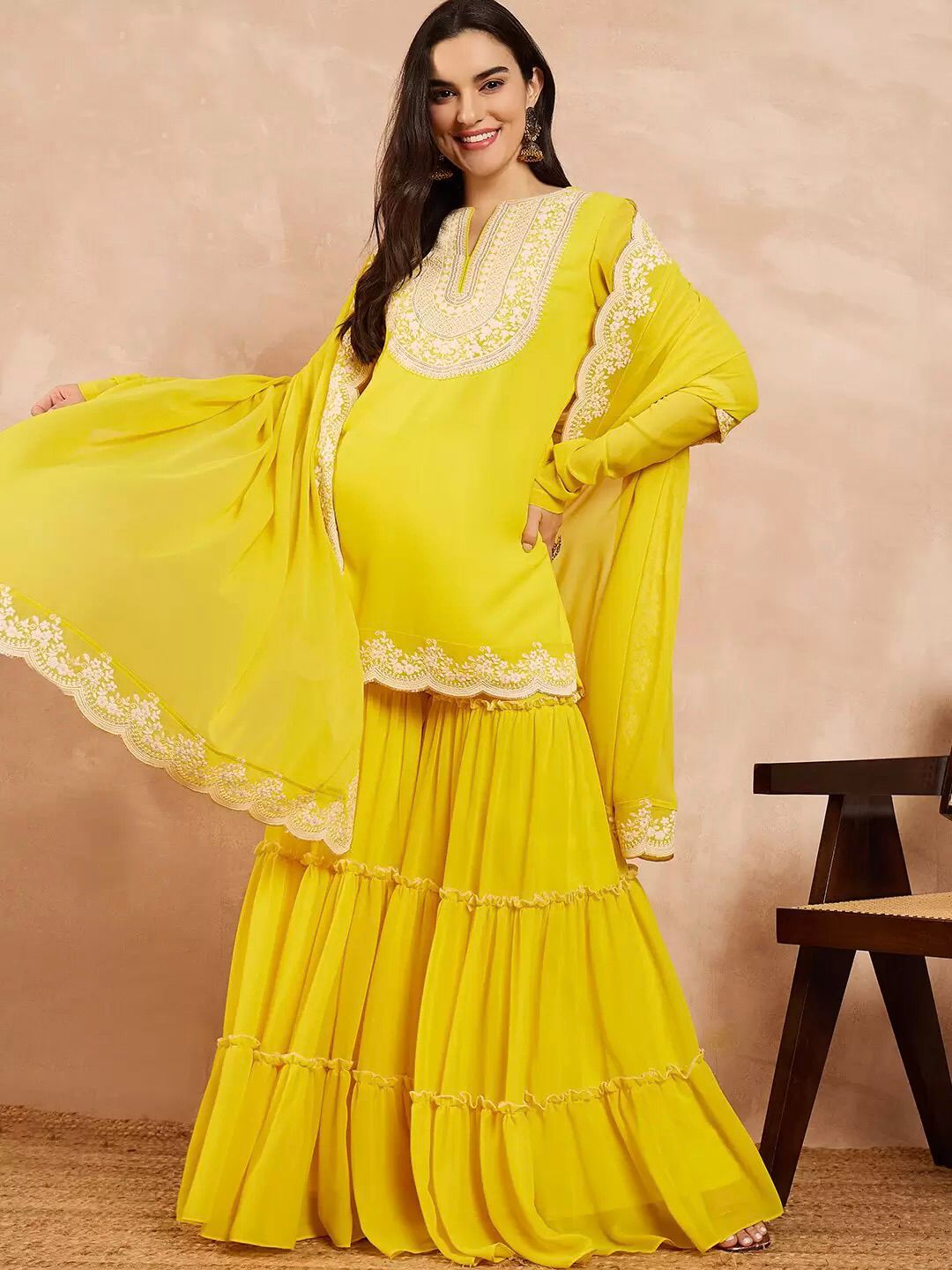 "Front view of Elegant Heavy Faux Georgette Sharara Set showcasing full outfit with sequin embroidery and matching dupatta"