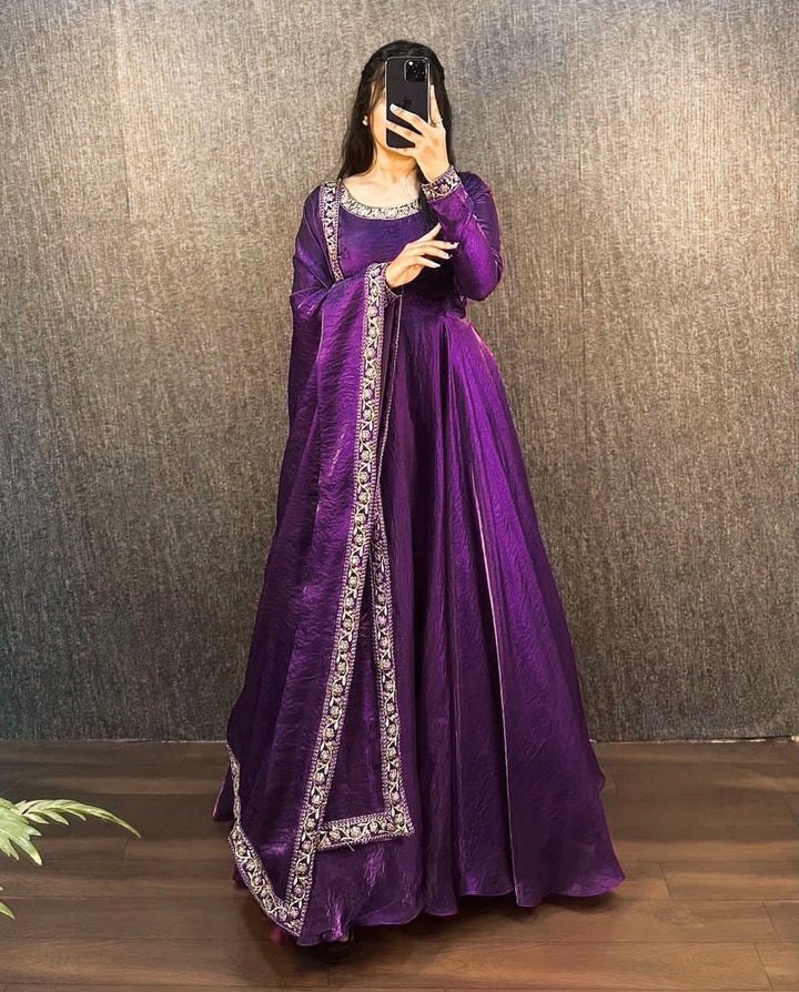 Fendy Silk Embroidered Gown with Dupatta, front view showing elegant design