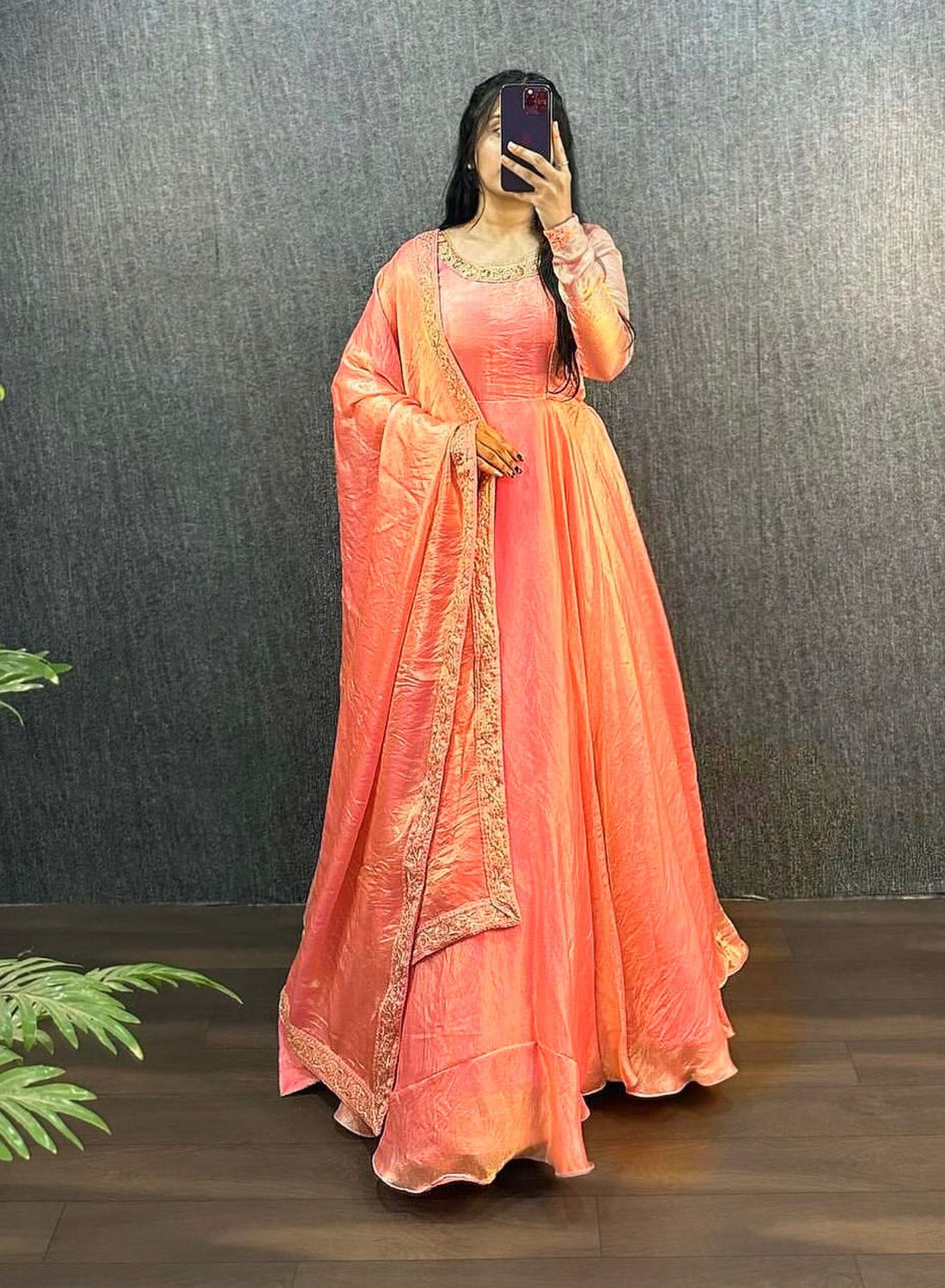 Front view of Fendy Silk Embroidered Gown with matching dupatta