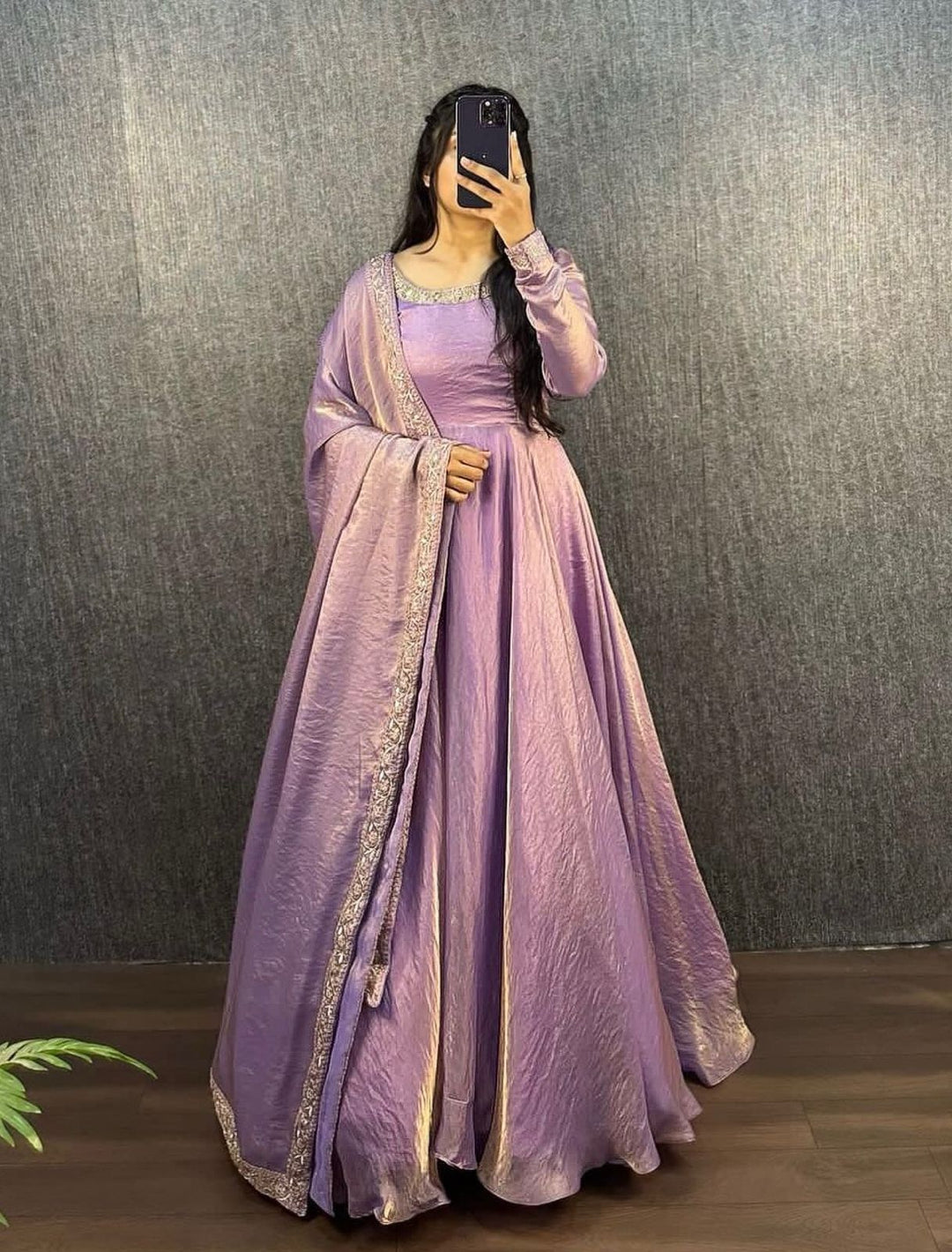 Elegant front view of Fendy Silk gown with embroidered dupatta for special occasions