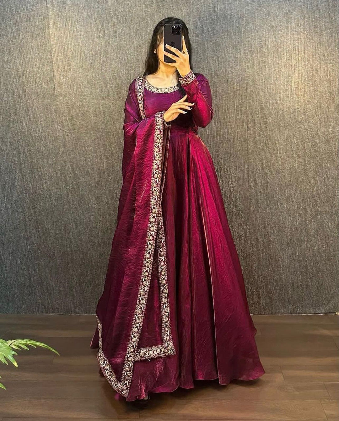 Model wearing Fendy Silk embroidered gown with dupatta – front view

