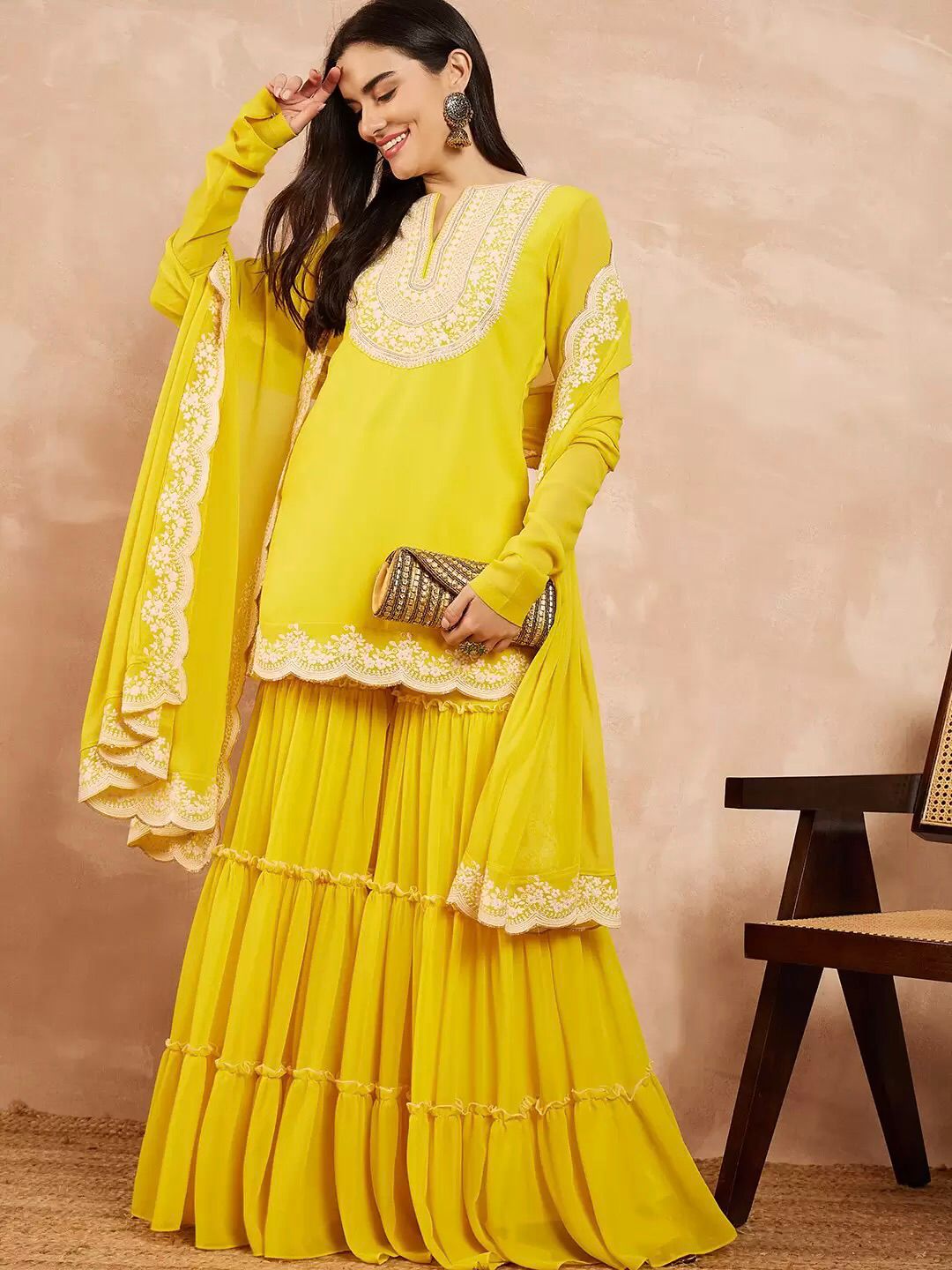 "Front view of Elegant Heavy Faux Georgette Sharara Set showcasing full outfit with sequin embroidery and matching dupatta"