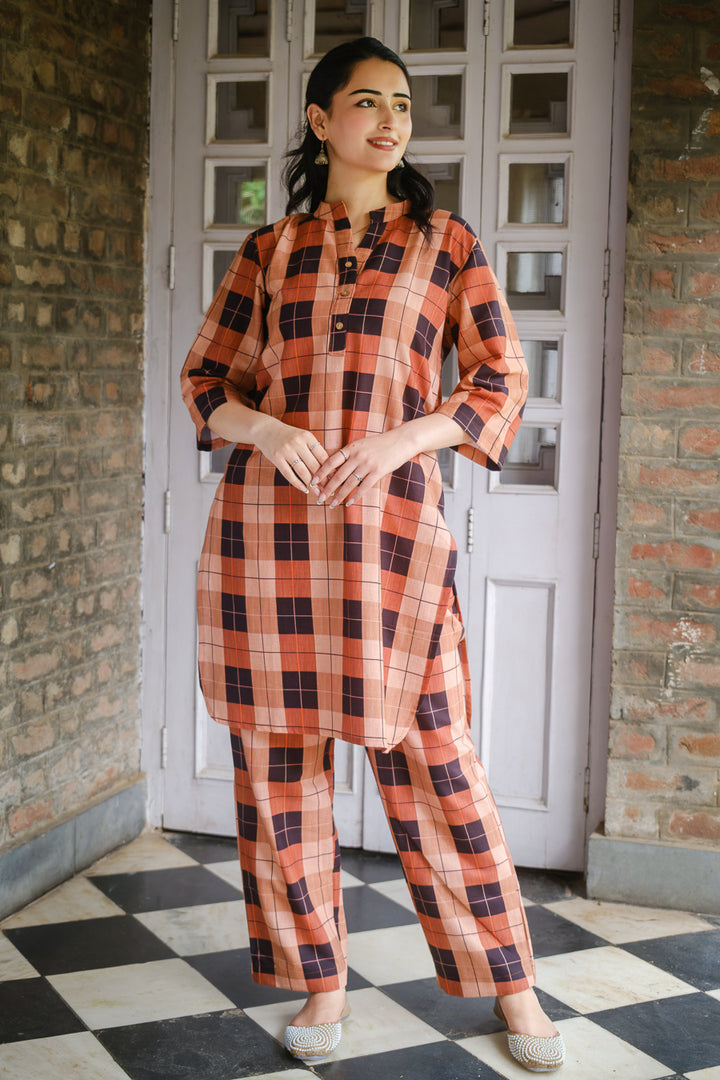 Mocha Check Cotton Co-Ord Set