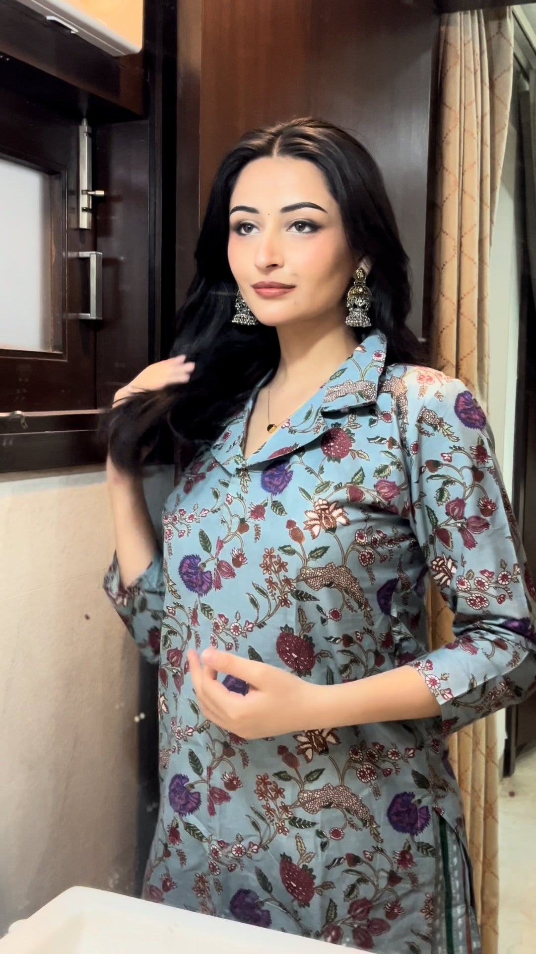 Sky Blue Pure Cotton Co-Ord Set with Floral Print