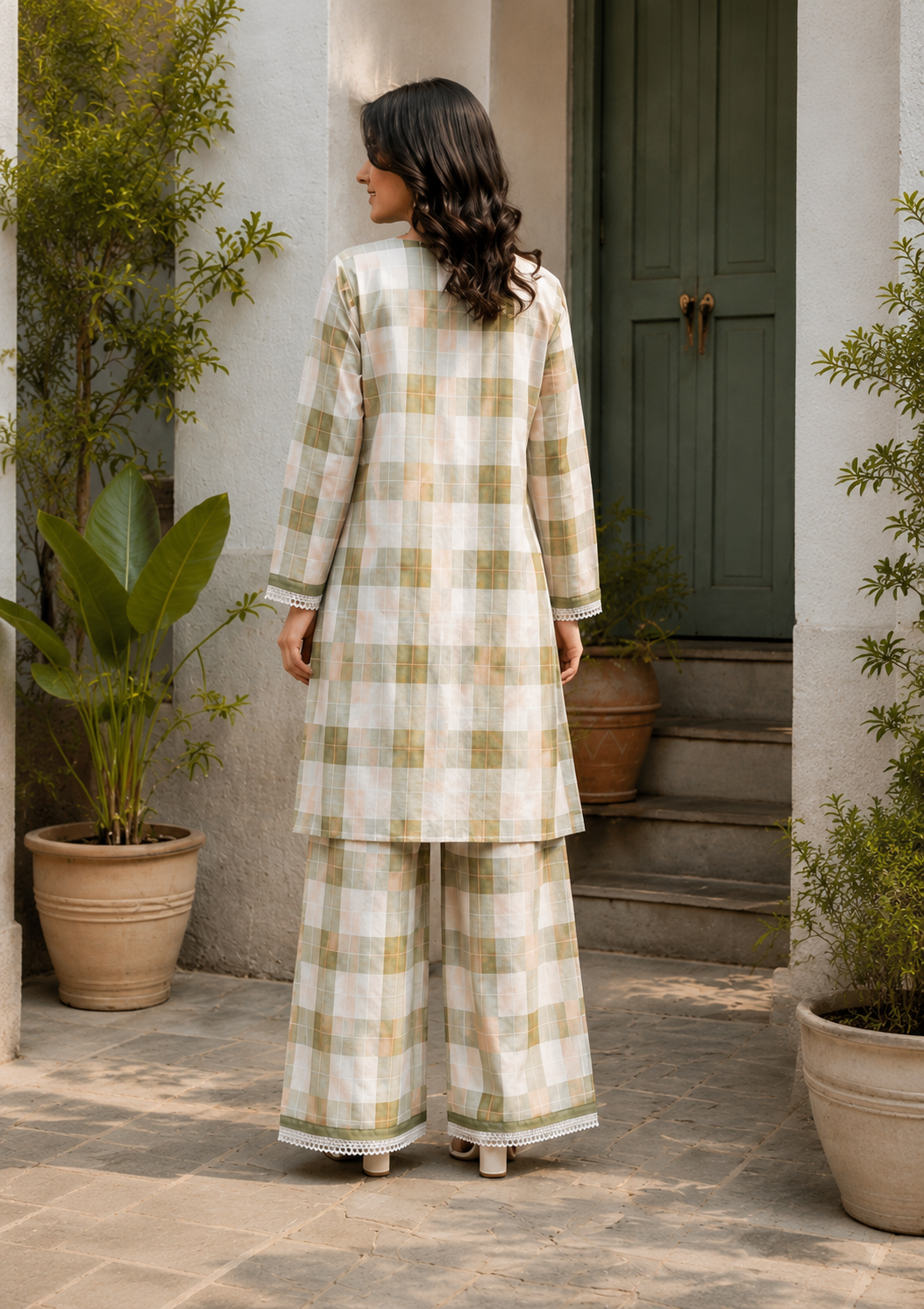 Farsi Green Cotton Check Print Co-Ord Set