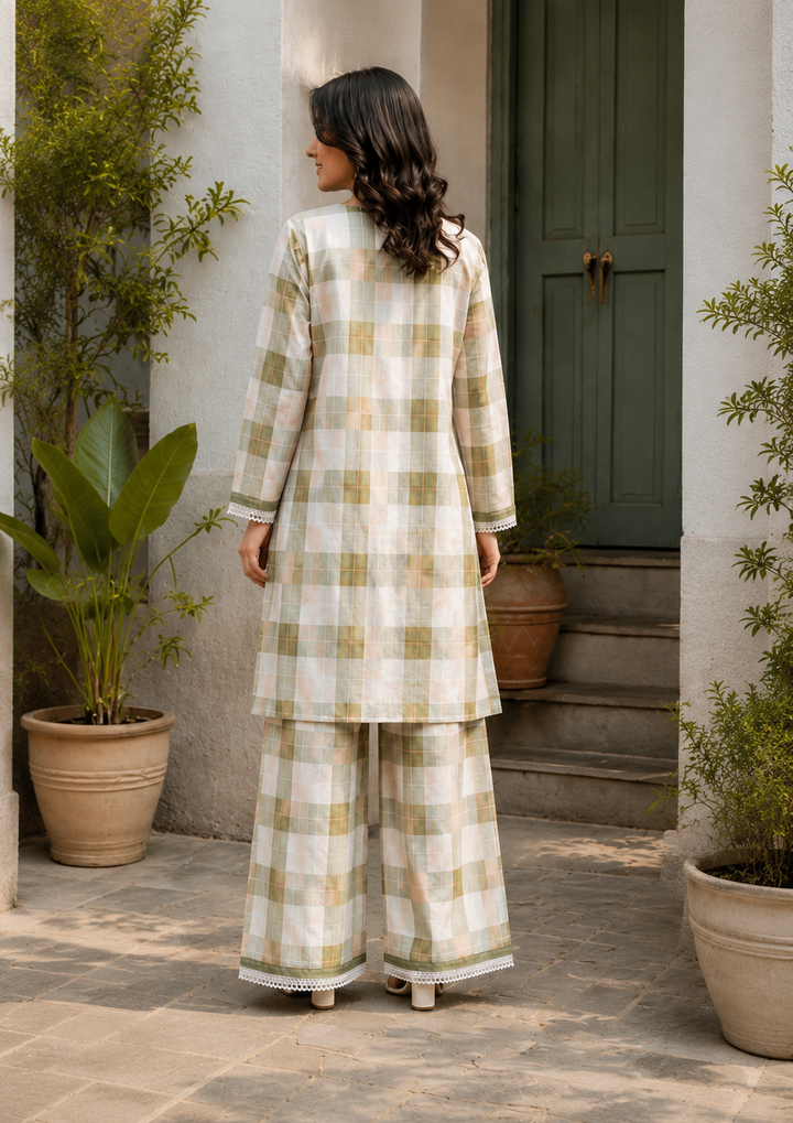 Farsi Green Cotton Check Print Co-Ord Set