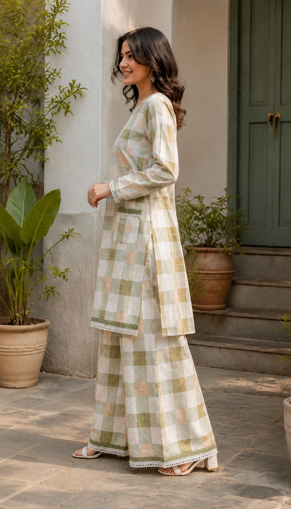 Farsi Green Cotton Check Print Co-Ord Set