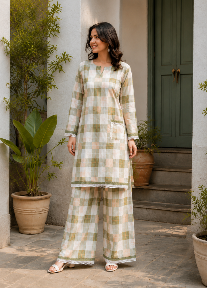 Farsi Green Cotton Check Print Co-Ord Set
