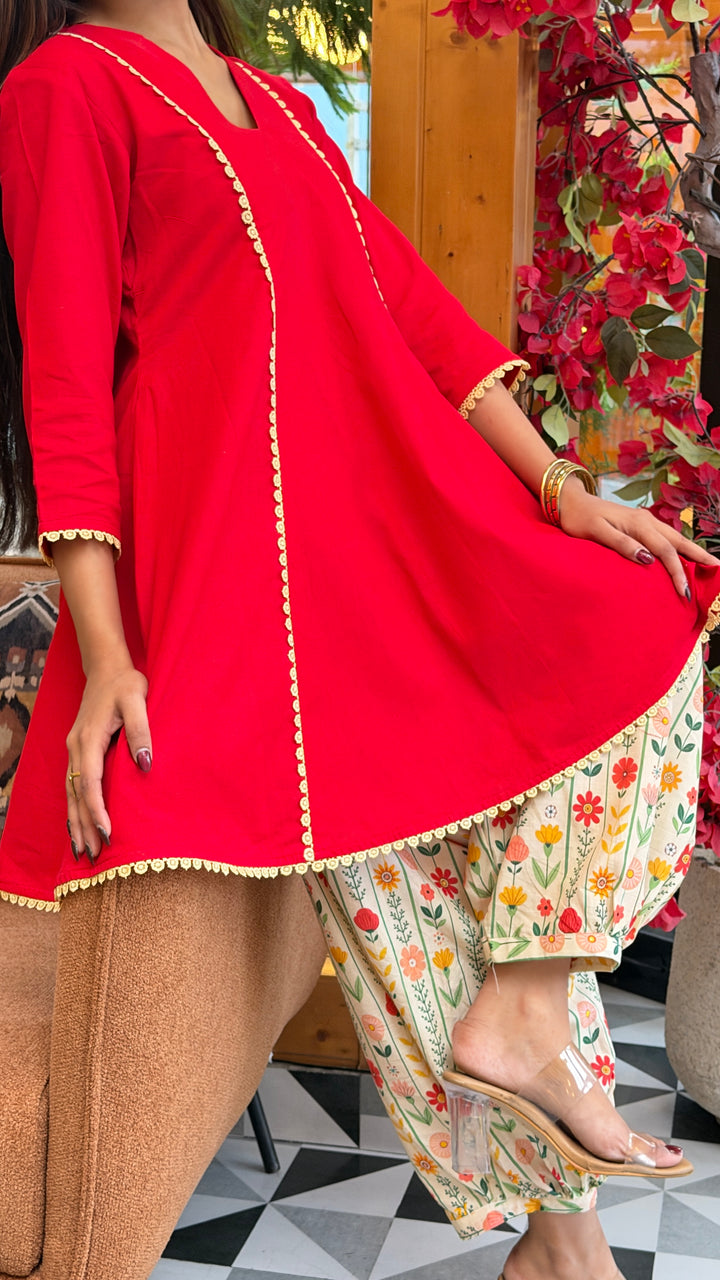 Classic Red Cotton Co-Ord Set with Floral Printed Pants