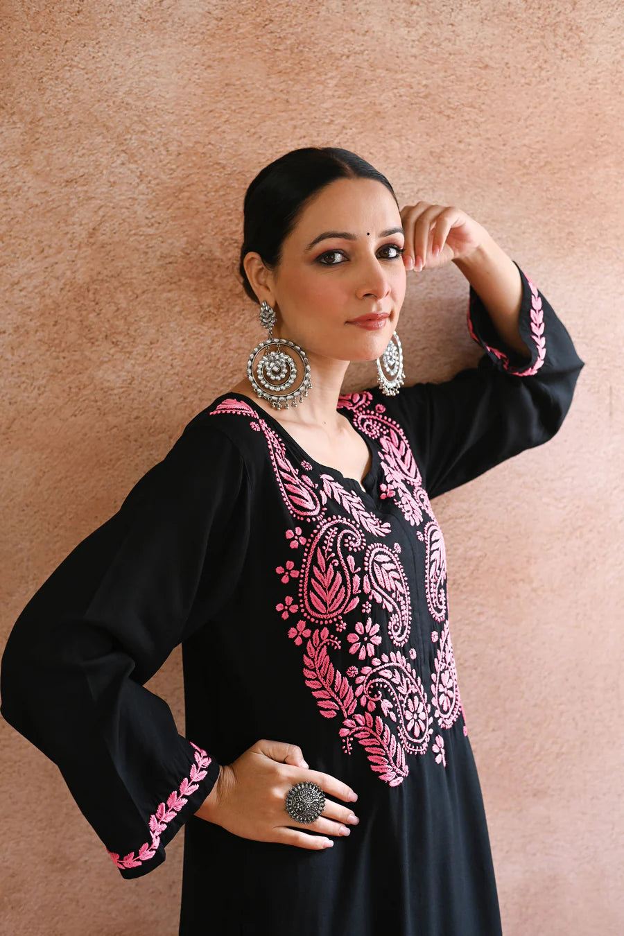 BLACK REYON COTTON CHIKANKARI KURTA WITH TROUSER