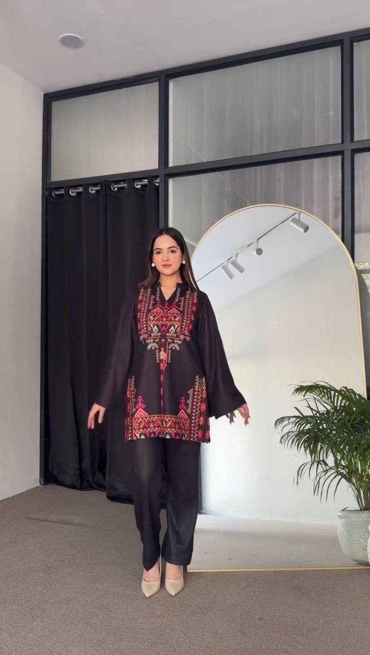 "Front view of the elegant Summer Season Special Crepe Silk Co-Ord Set featuring a printed shirt and matching soft crepe silk pants."
