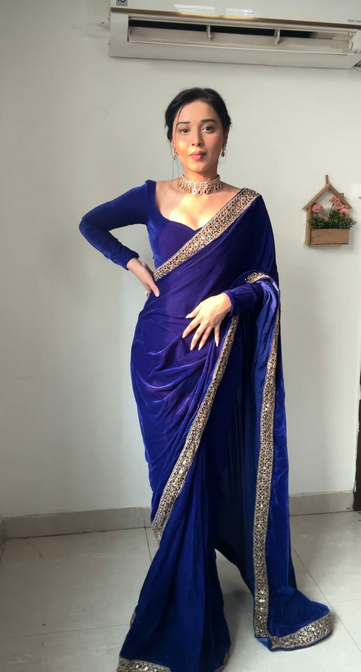 AMAZING BLUE READY TO WEAR VELVET THRED SEQUENCE SAREE