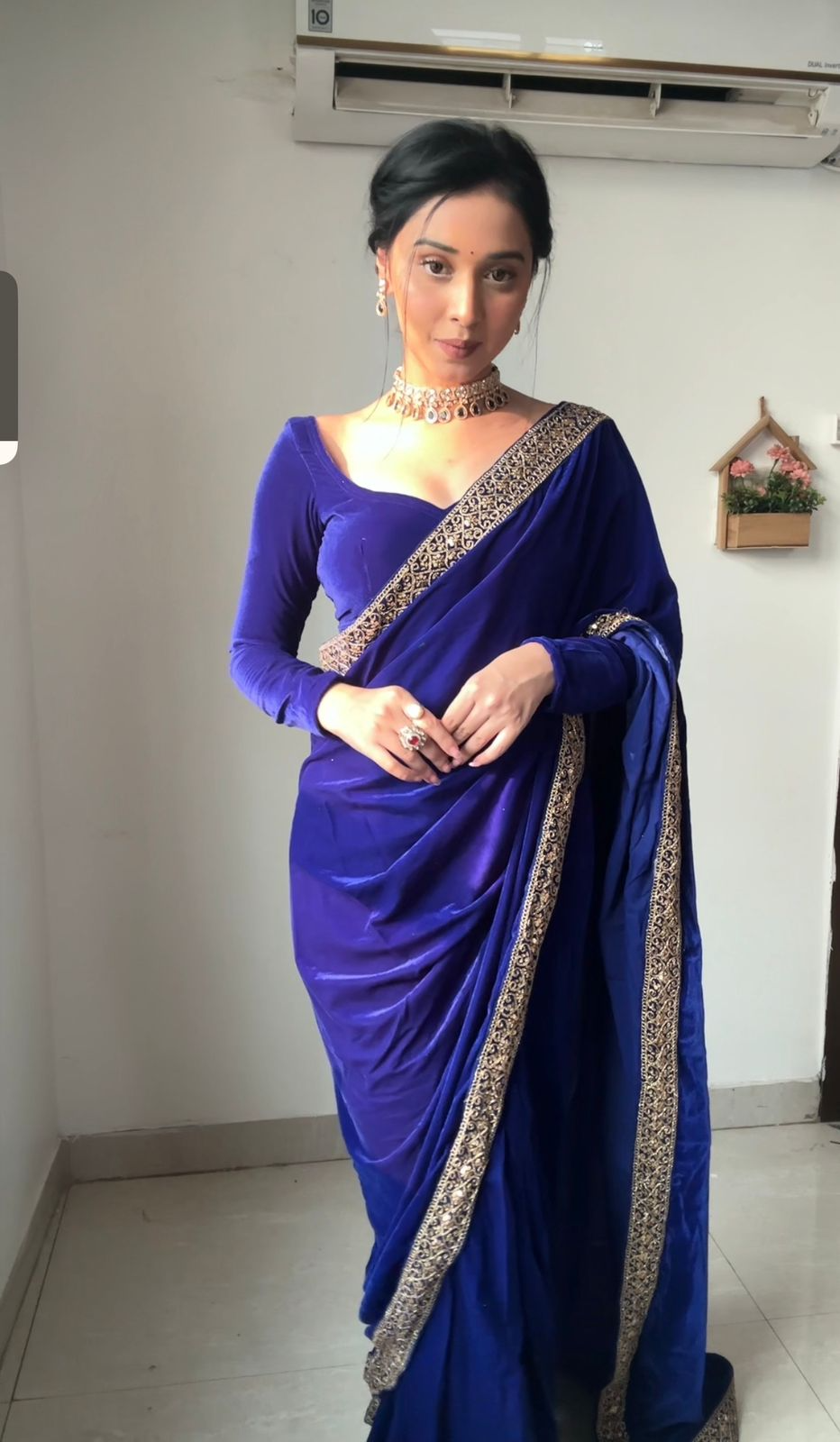 AMAZING BLUE READY TO WEAR VELVET THRED SEQUENCE SAREE