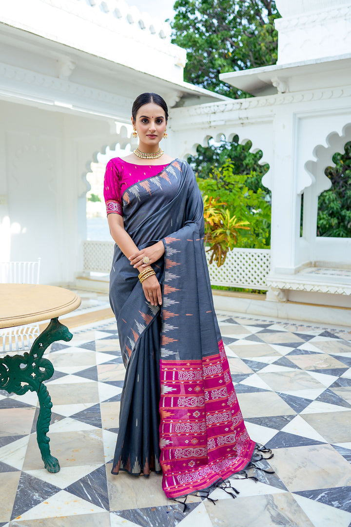 SOFT TUSSAR SILK SAREE WITH SILVER AND COPPER ZARI WEAVES WITH FANCY IKKAT PALLU