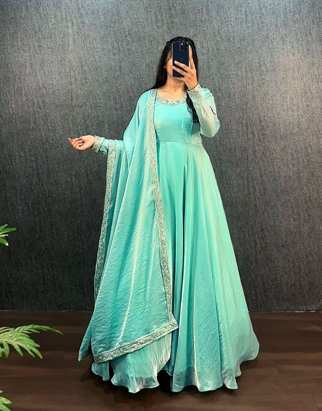 Full front image of Fendy Silk gown showcasing detailed embroidery