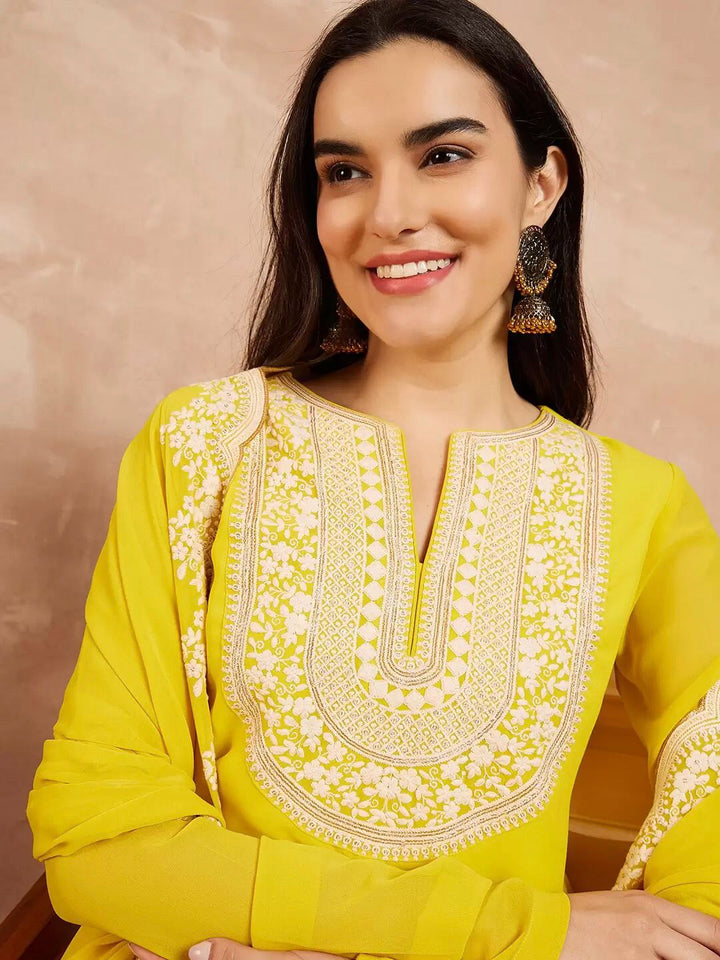 "Close-up of embroidery work on faux georgette fabric showing fine detailing"