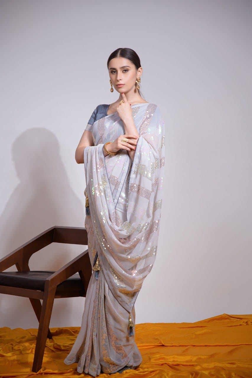 BEAUTIFUL SEQUENCE WORK SAREE WITH MONO BANGLORY SILK BLOUSE