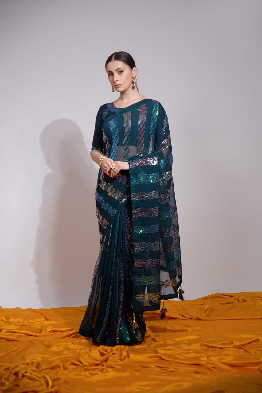 BEAUTIFUL SEQUENCE WORK SAREE WITH MONO BANGLORY SILK BLOUSE
