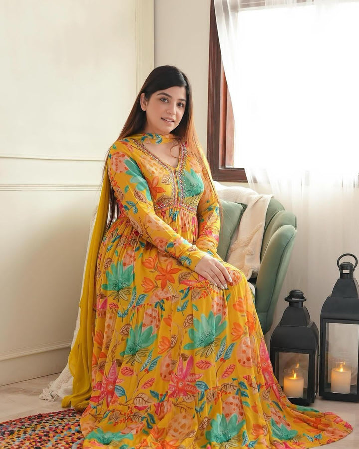 FLORAL PRINTED MORROR & CUTDANA EMBROIDERED TIERED GOWN WITH DRAPPED DUPATTA