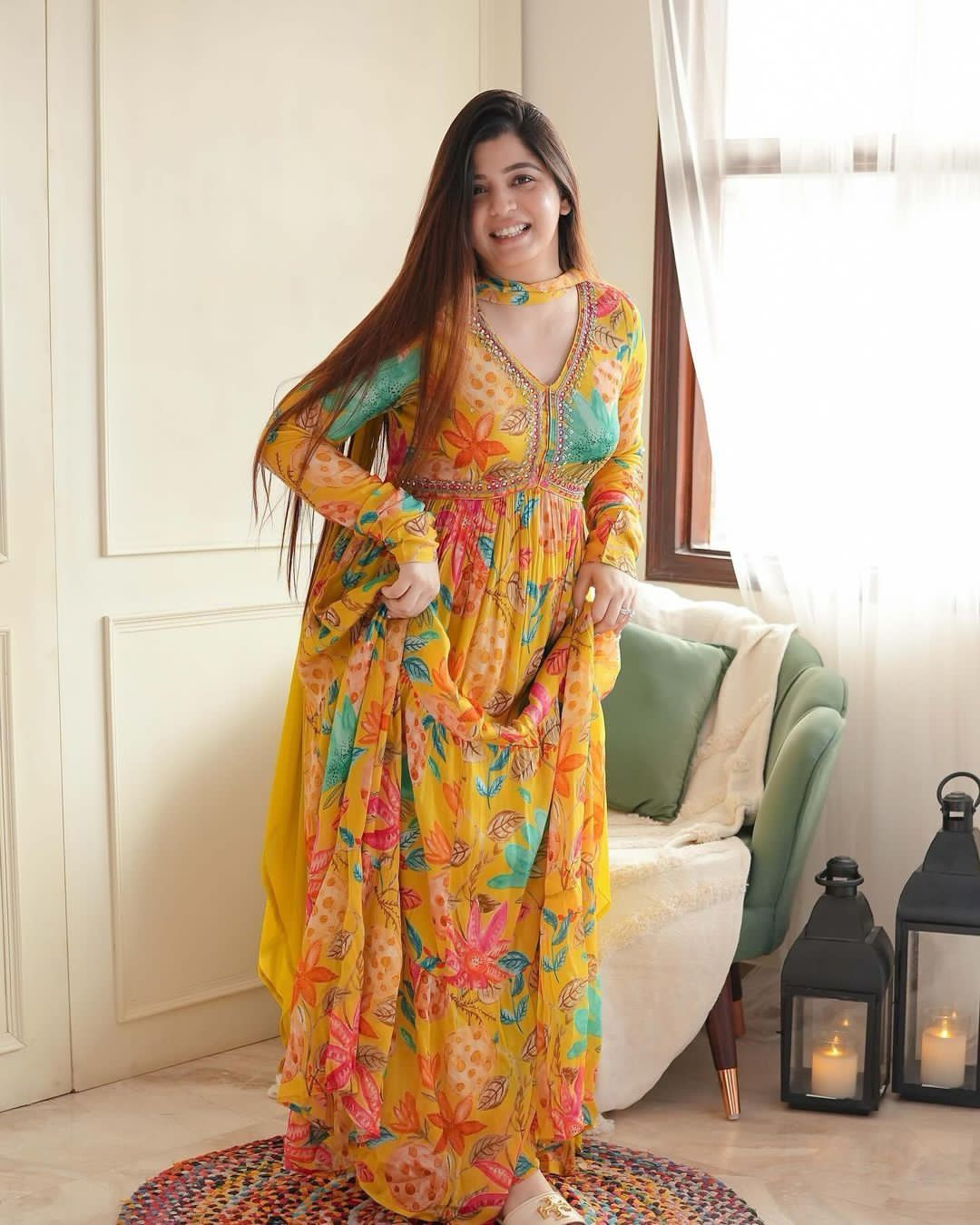 FLORAL PRINTED MORROR & CUTDANA EMBROIDERED TIERED GOWN WITH DRAPPED DUPATTA