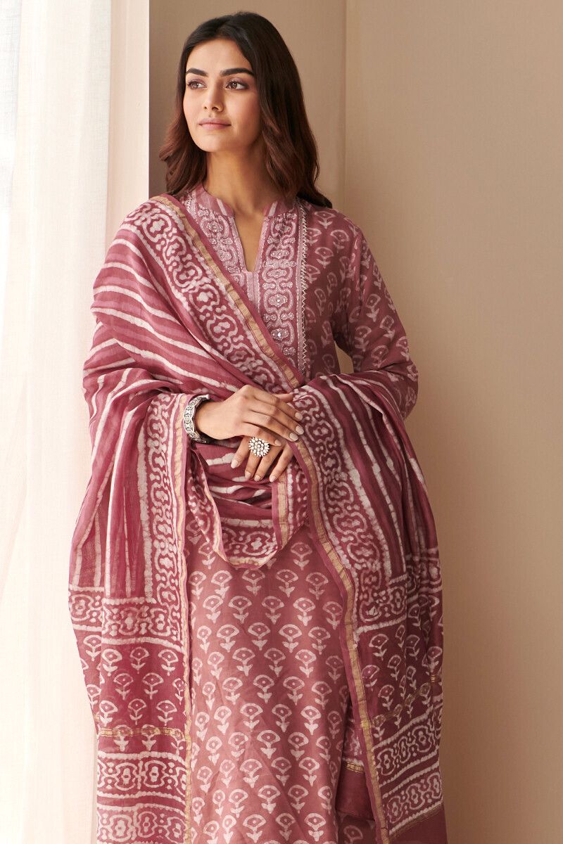 PINK BLOCK PRINTED COTTON KURTA SET WITH DUPATTA