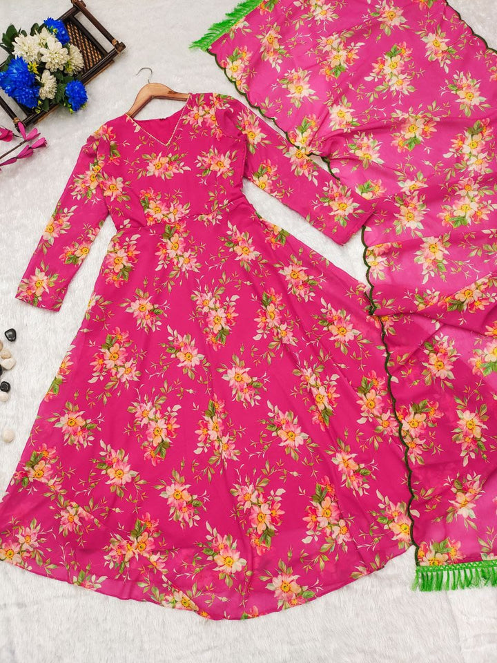 PINK FLORAL ANARKALI SUI SET