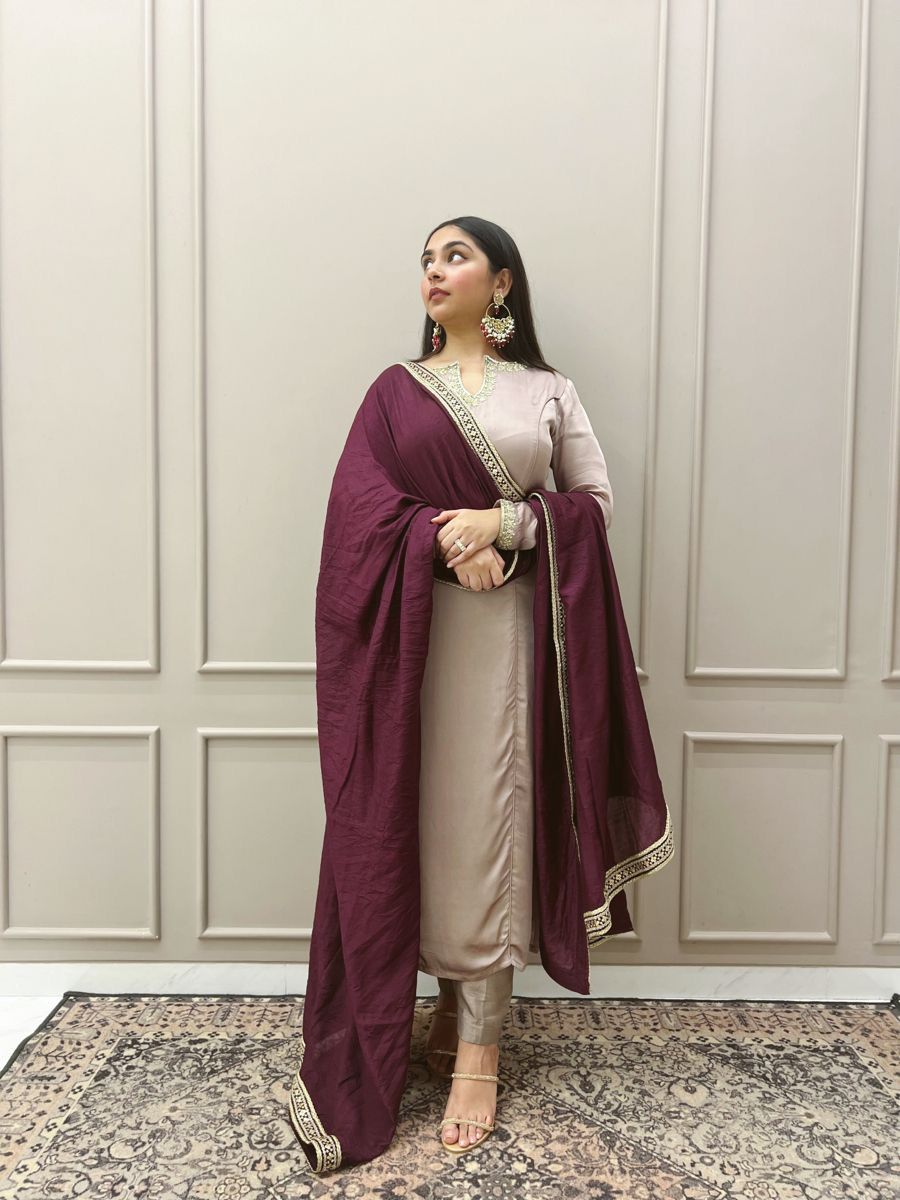 Elegant Heavy Roman Fabric Suit Set with embroidery and Vichitra dupatta