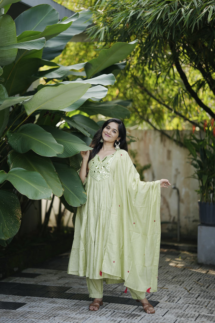 V-Neck Chanderi Silk Anarkali Kurta Set :3 piece suit(top,bottom&dupatta)