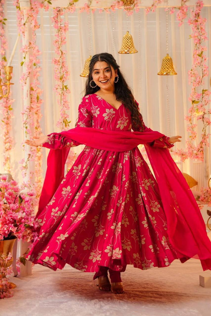 PINK CHINON SILK ANARKALI SUIT SET :3 piece suit(top,bottom&dupatta)