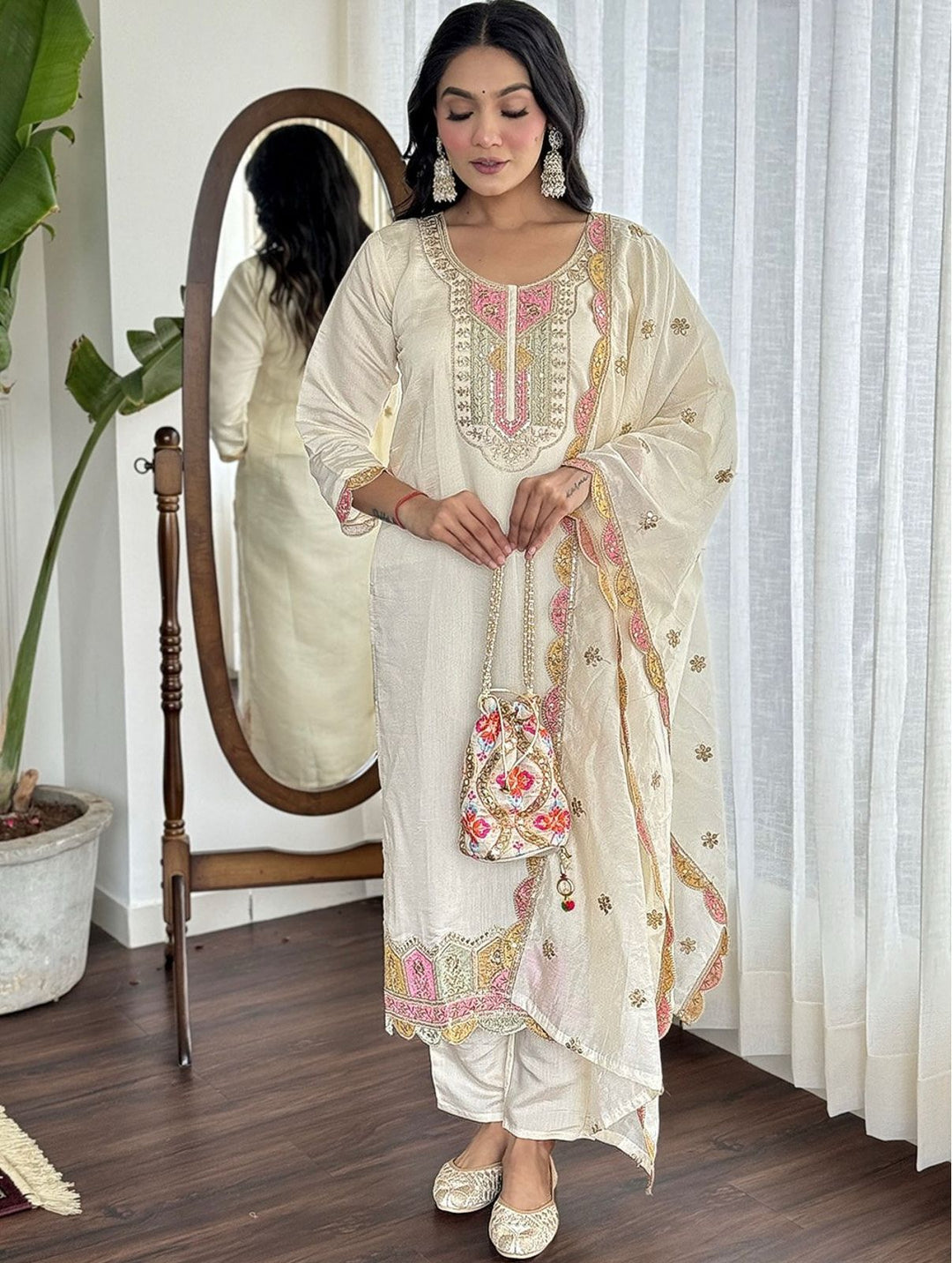 Exquisite White Suit Set with Embroidered Dupatta :3 piece suit(top,bottom&dupatta)