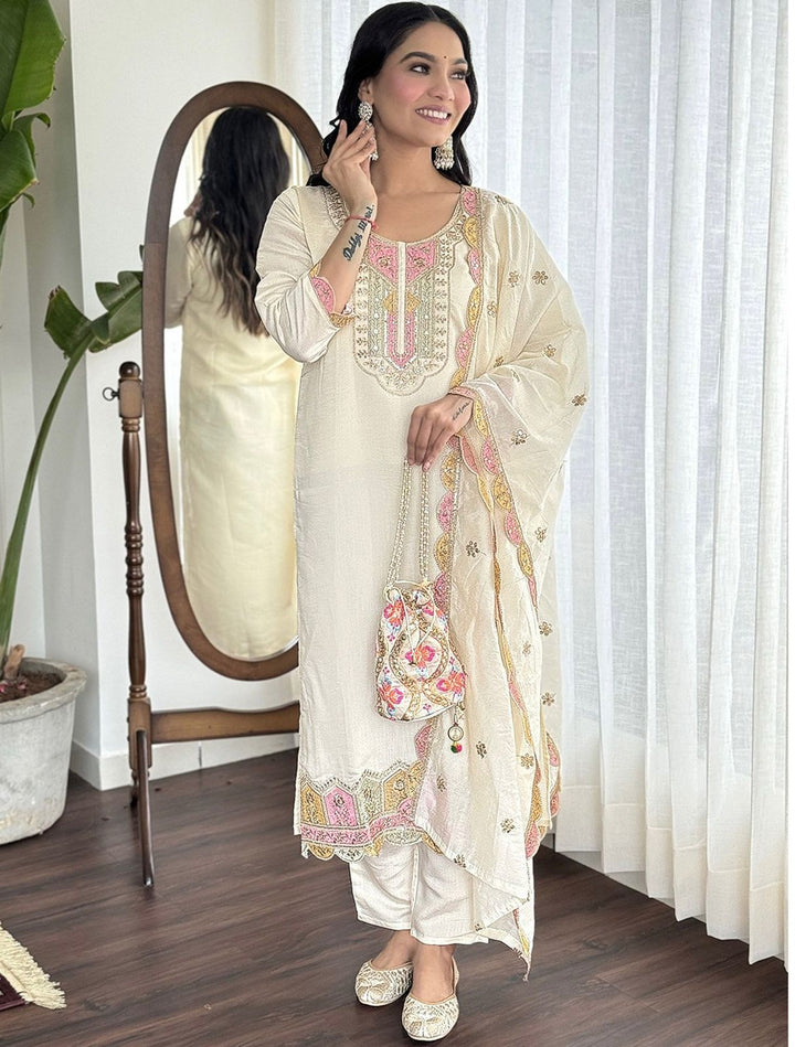 Exquisite White Suit Set with Embroidered Dupatta :3 piece suit(top,bottom&dupatta)