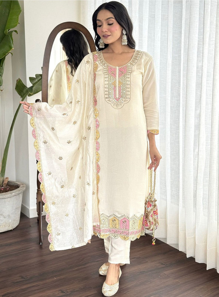 Exquisite White Suit Set with Embroidered Dupatta :3 piece suit(top,bottom&dupatta)
