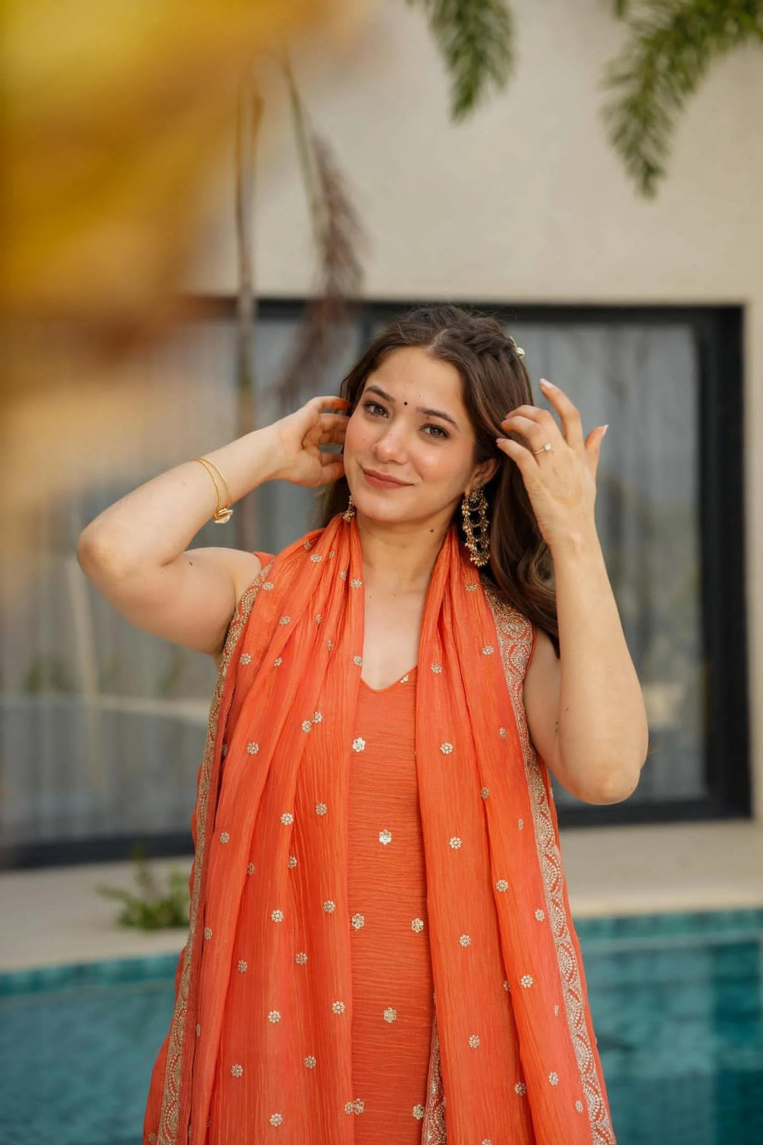 Orange Chinnon Silk Embroidered Suit :3 piece suit(top,bottom&dupatta)