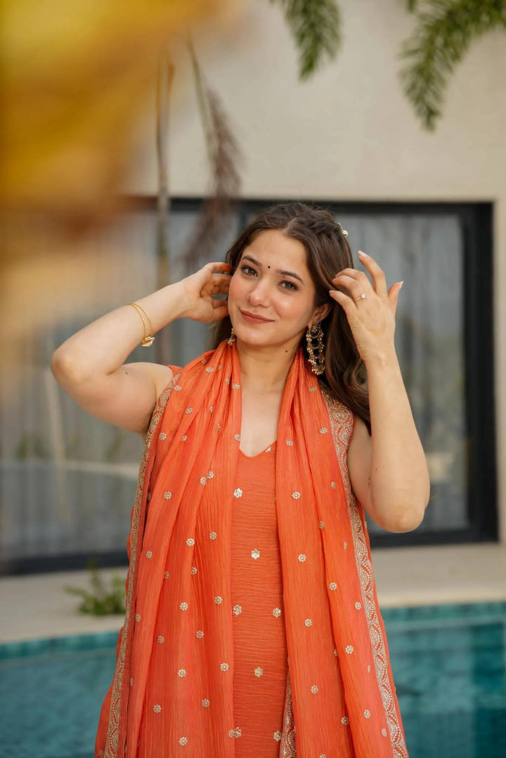 Orange Chinnon Silk Embroidered Suit :3 piece suit(top,bottom&dupatta)