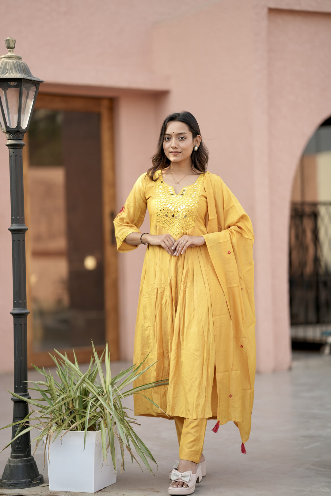 Mal Soft Chanderi Silk Pakistani Naira Style Flared Suit Set :3 piece suit(top,bottom&dupatta)