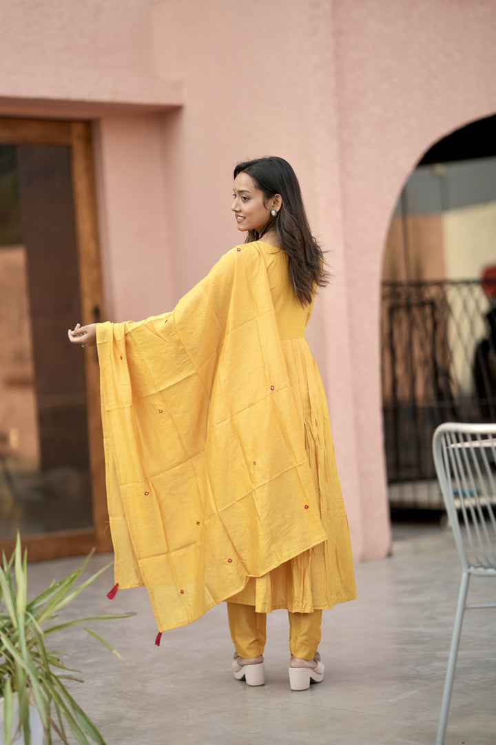 Mal Soft Chanderi Silk Pakistani Naira Style Flared Suit Set :3 piece suit(top,bottom&dupatta)