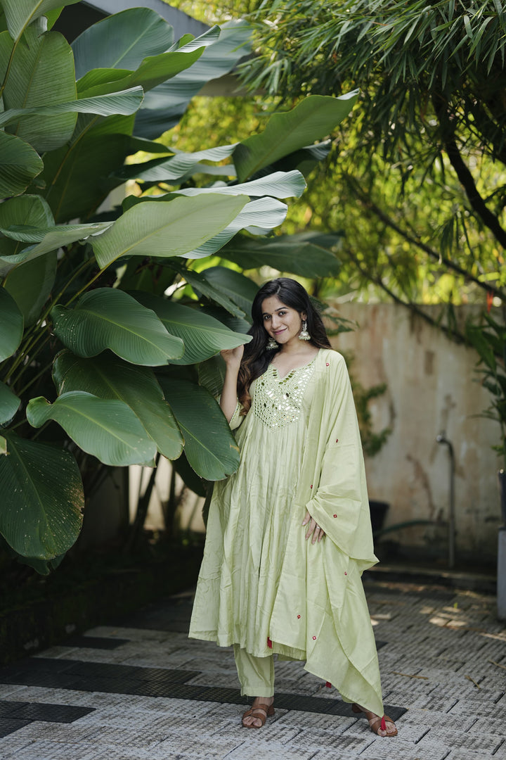 Mal Soft Chanderi Silk Pakistani Naira Style Flared Suit Set :3 piece suit(top,bottom&dupatta)