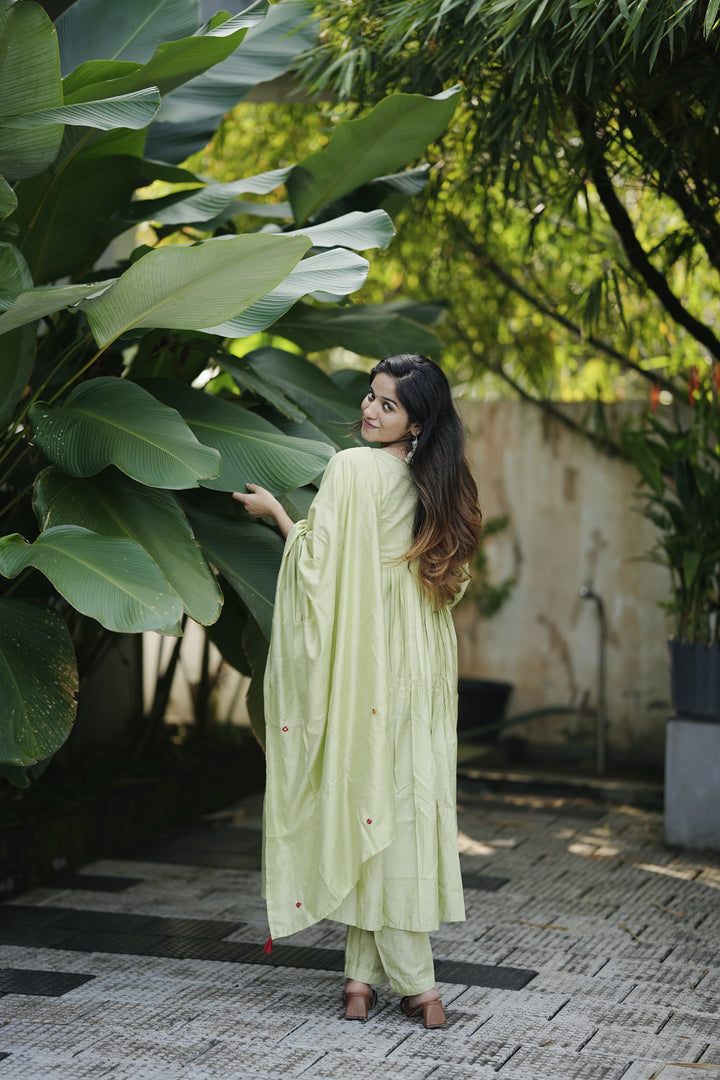 Mal Soft Chanderi Silk Pakistani Naira Style Flared Suit Set :3 piece suit(top,bottom&dupatta)