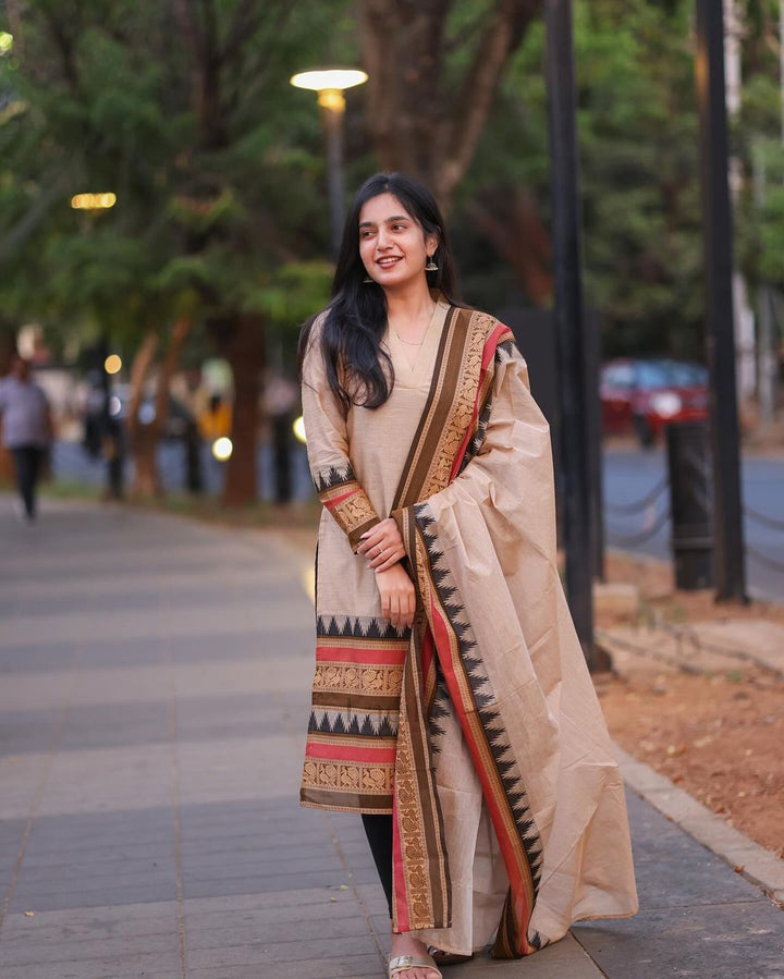 Hand Zari Weaving South Cultural Prints :3 piece suit(top,bottom&dupatta)