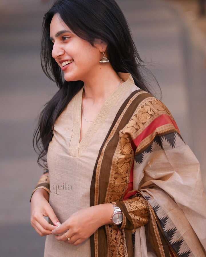 Hand Zari Weaving South Cultural Prints :3 piece suit(top,bottom&dupatta)