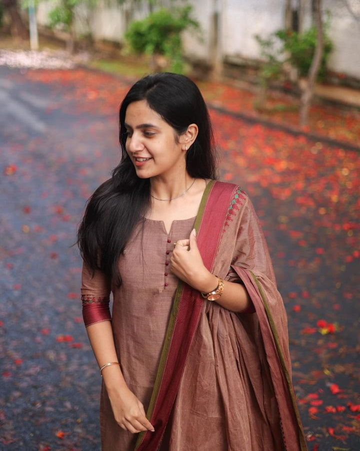 Elegant Kanchi Cotton Suit Set :3 piece suit(top,bottom&dupatta)