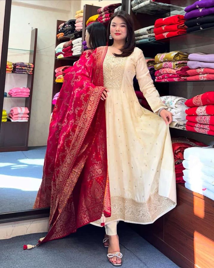 Anarkali Flared Kurti Pant Dupatta Set :3 piece suit(top,bottom&dupatta)
