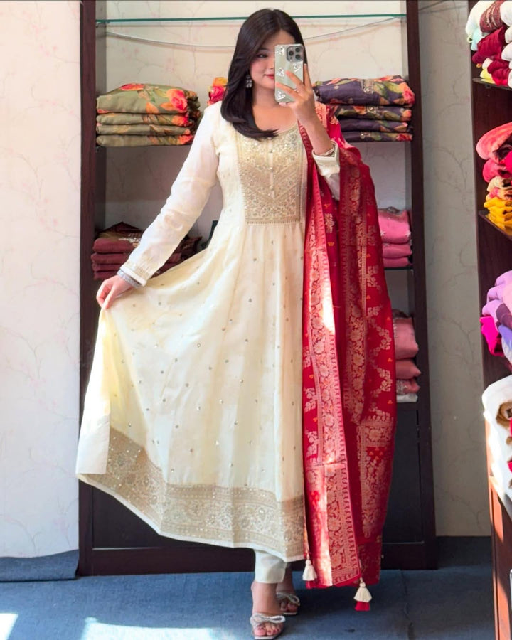 Anarkali Flared Kurti Pant Dupatta Set :3 piece suit(top,bottom&dupatta)