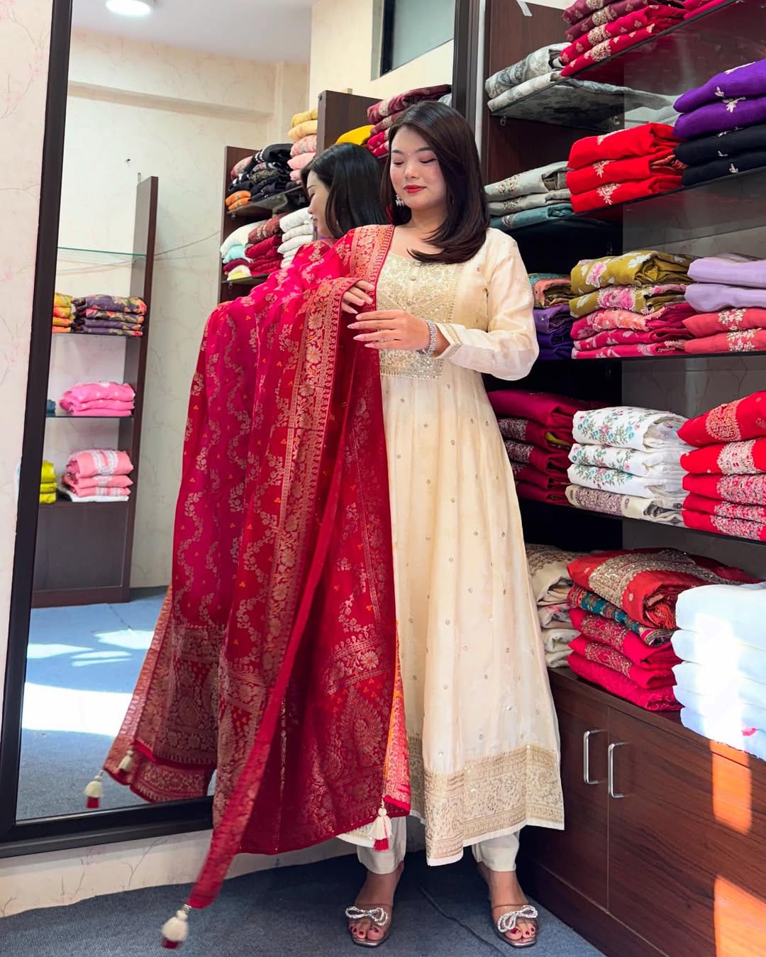 Anarkali Flared Kurti Pant Dupatta Set :3 piece suit(top,bottom&dupatta)