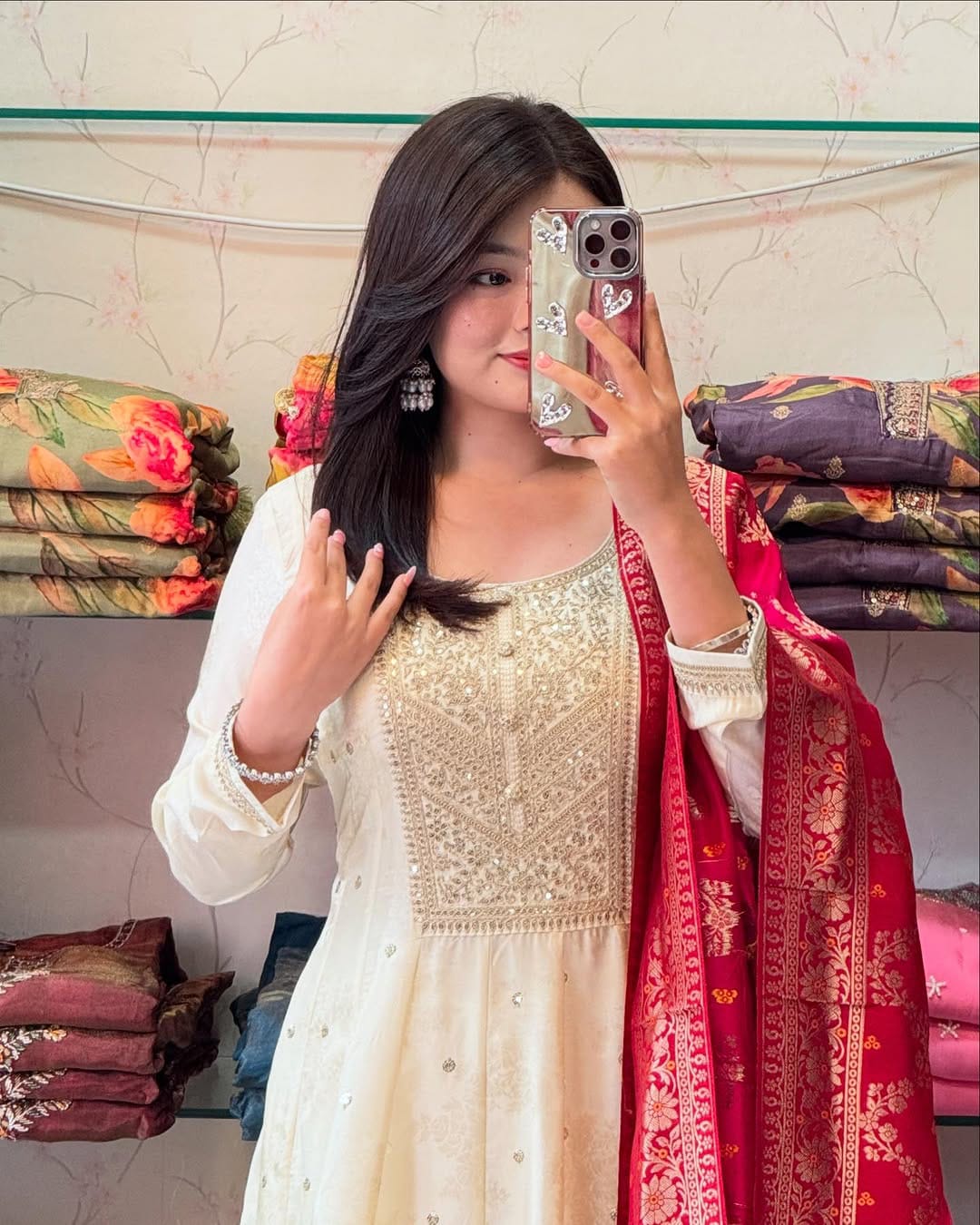 Anarkali Flared Kurti Pant Dupatta Set :3 piece suit(top,bottom&dupatta)